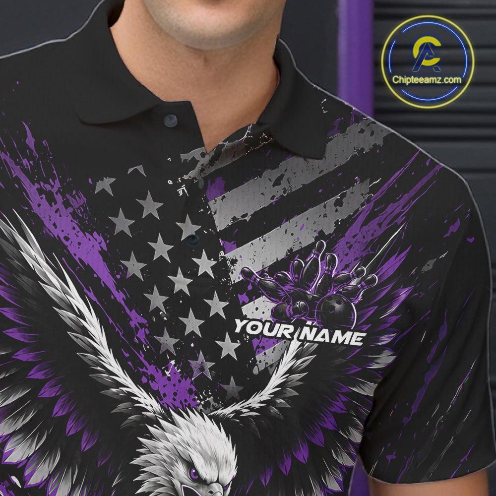 Custom Black And Purple Patriotic Eagle Bowling League Polo Shirt, Team Jersey