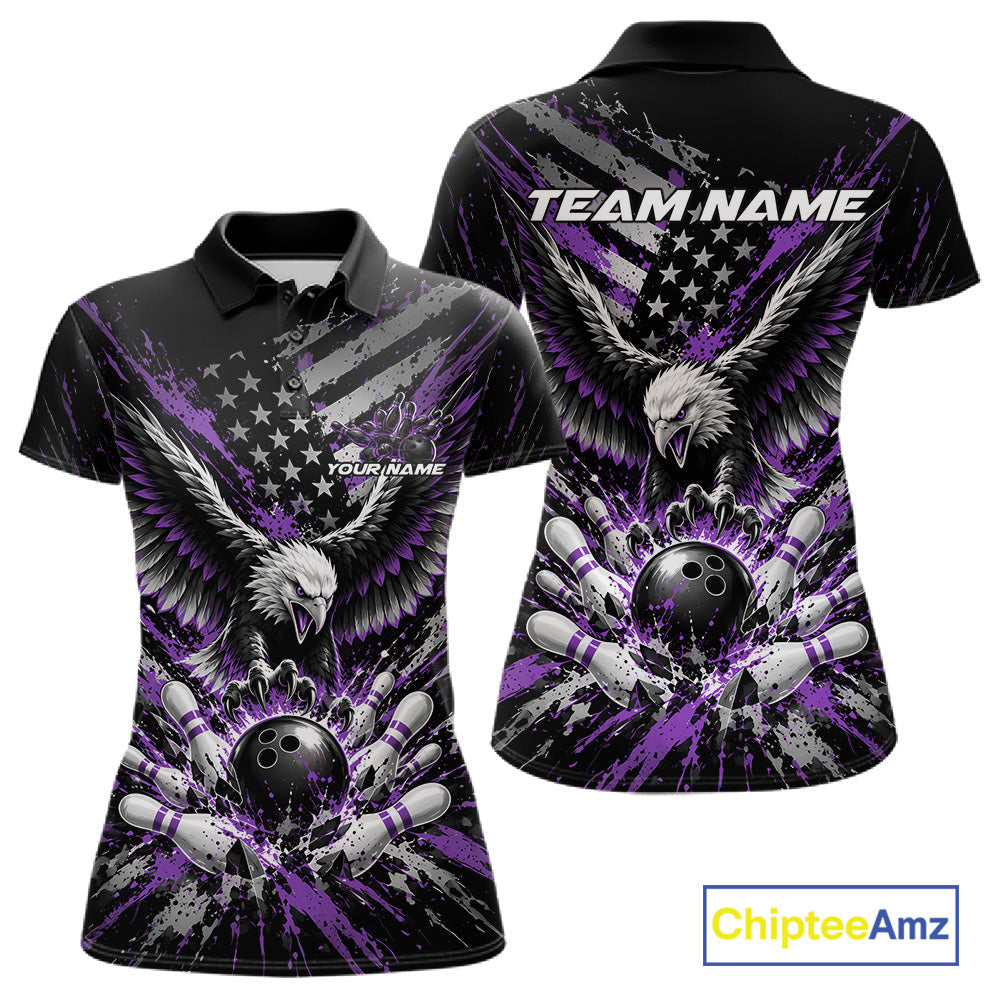 Custom Black And Purple Patriotic Eagle Bowling League Polo Shirt, Team Jersey
