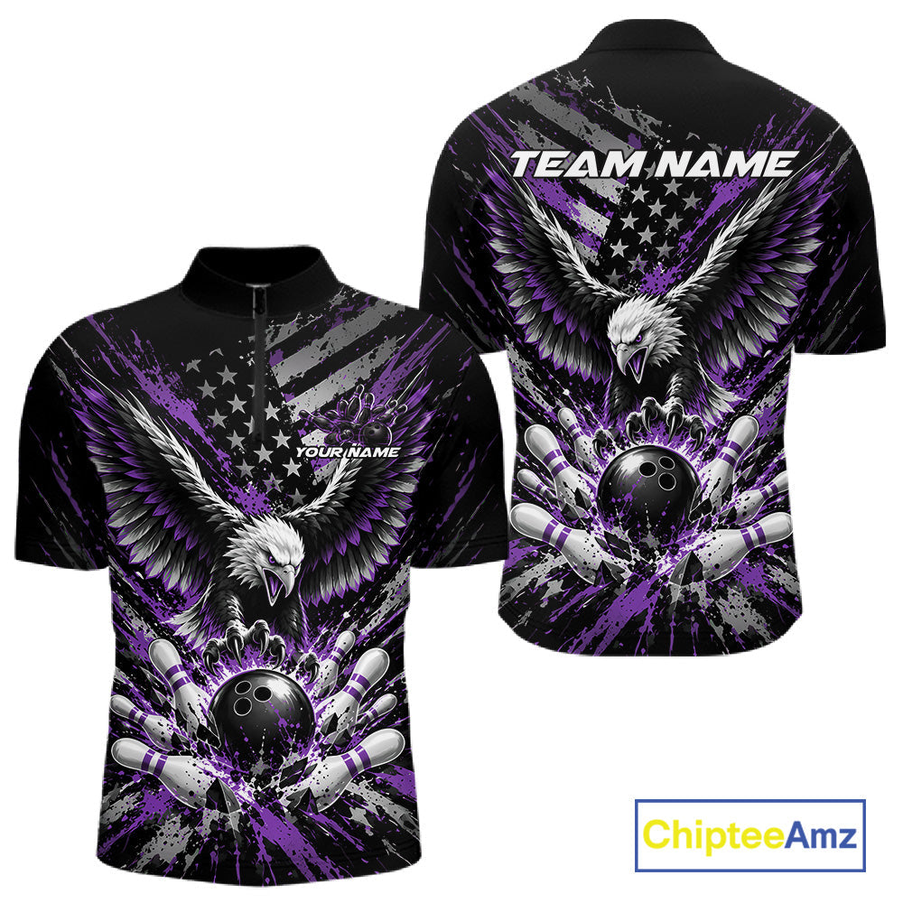 Custom Black And Purple Patriotic Eagle Bowling League Quarter Zip Shirt, Team Jersey