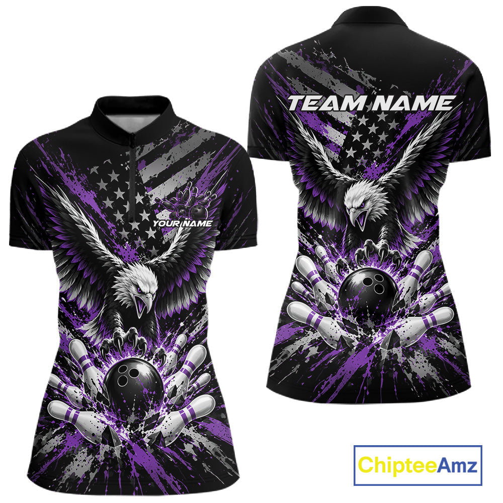 Custom Black And Purple Patriotic Eagle Bowling Quarter-Zip Shirt, Team Jersey