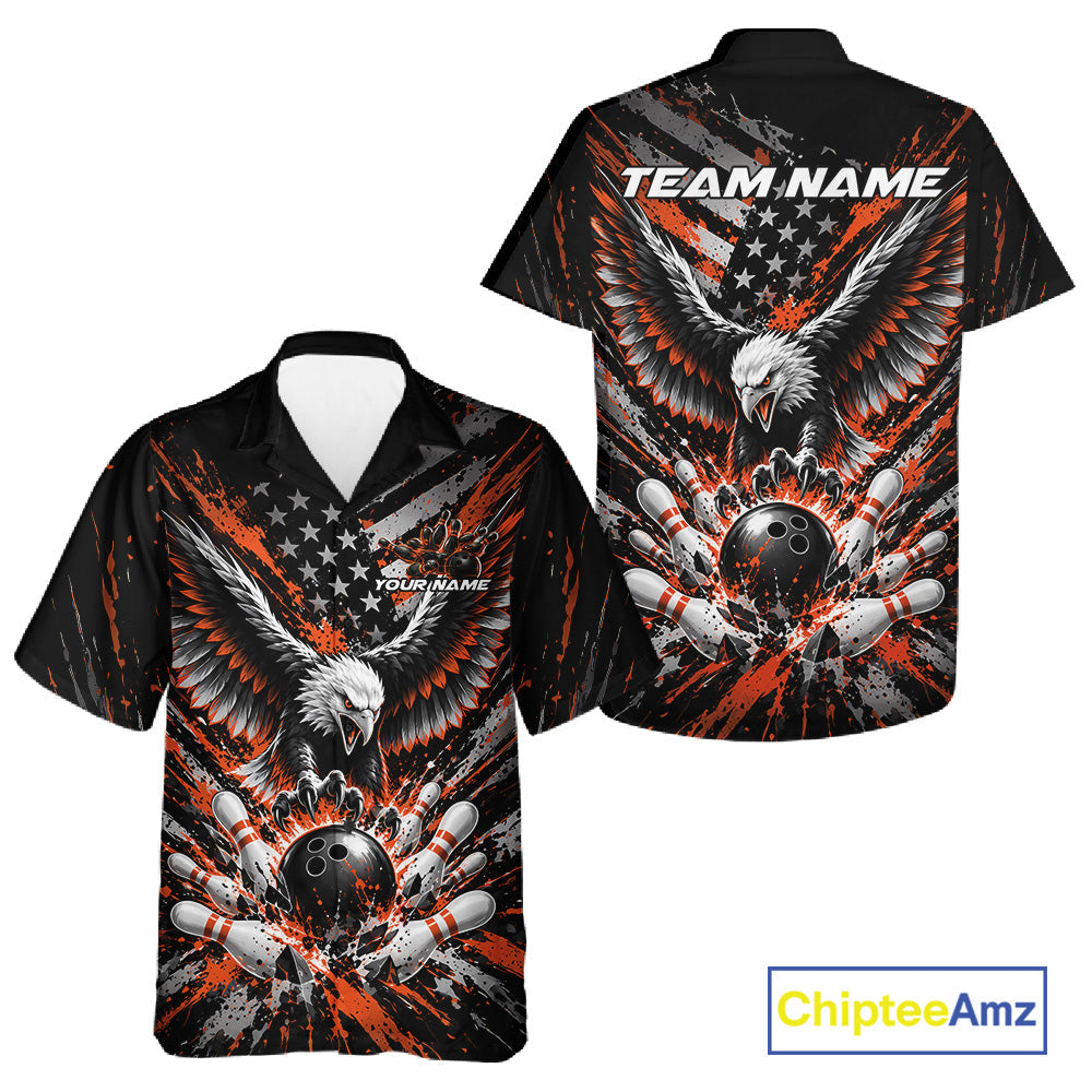 Custom Black And Orange Patriotic Eagle Bowling League And Button Up Shirt, Team Jersey