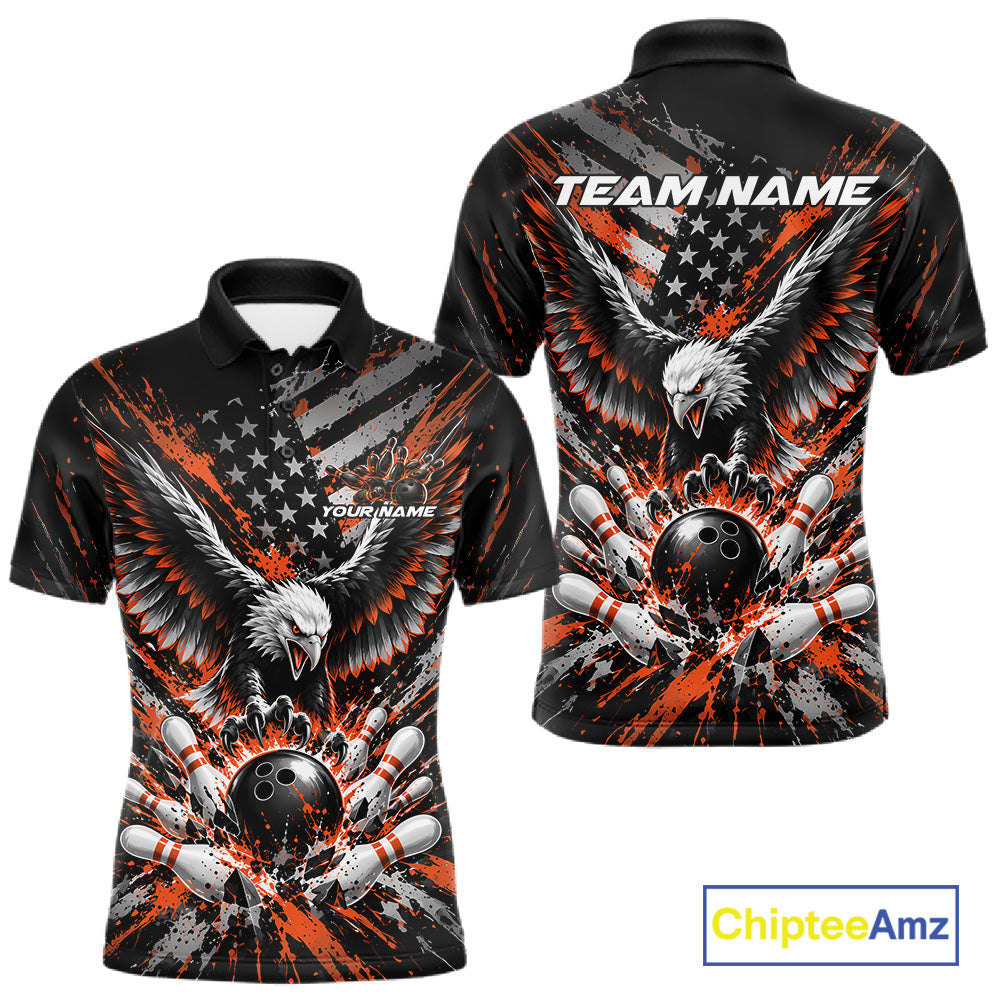 Custom Black And Orange Patriotic Eagle Bowling League Polo Shirt, Team Jersey