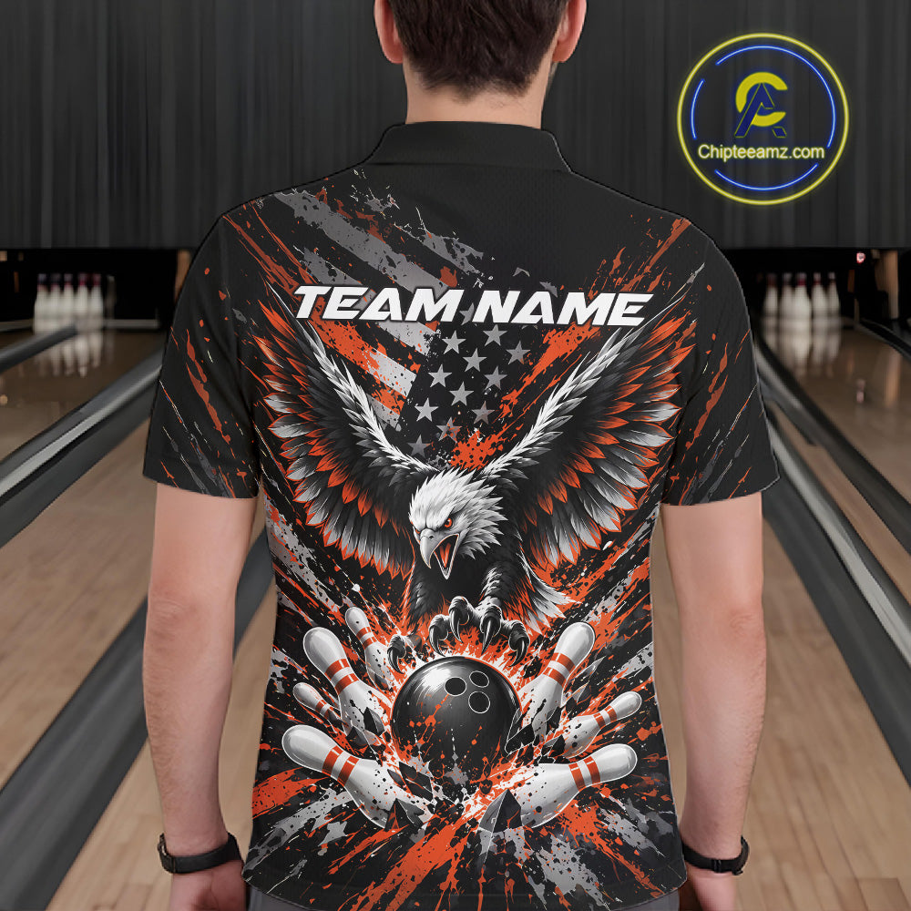 Custom Black And Orange Patriotic Eagle Bowling League Polo Shirt, Team Jersey