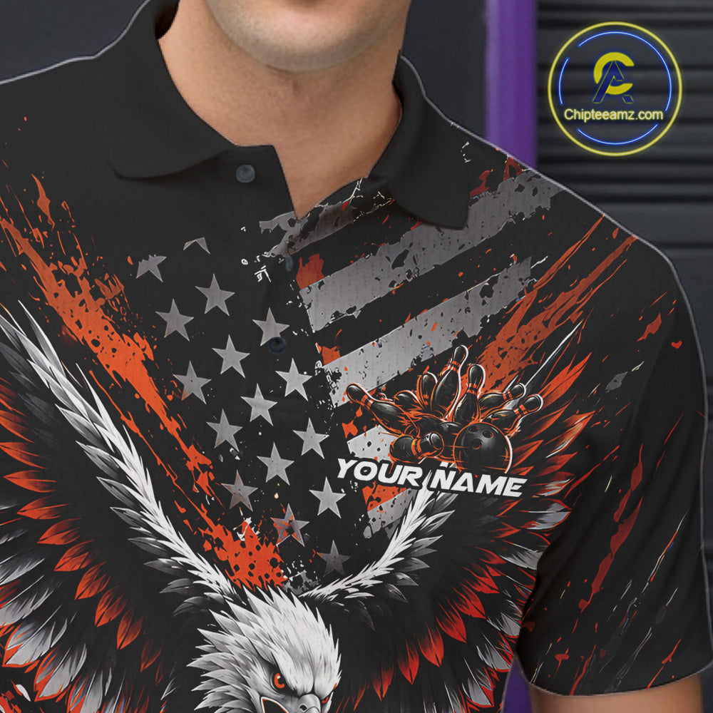 Custom Black And Orange Patriotic Eagle Bowling League Polo Shirt, Team Jersey