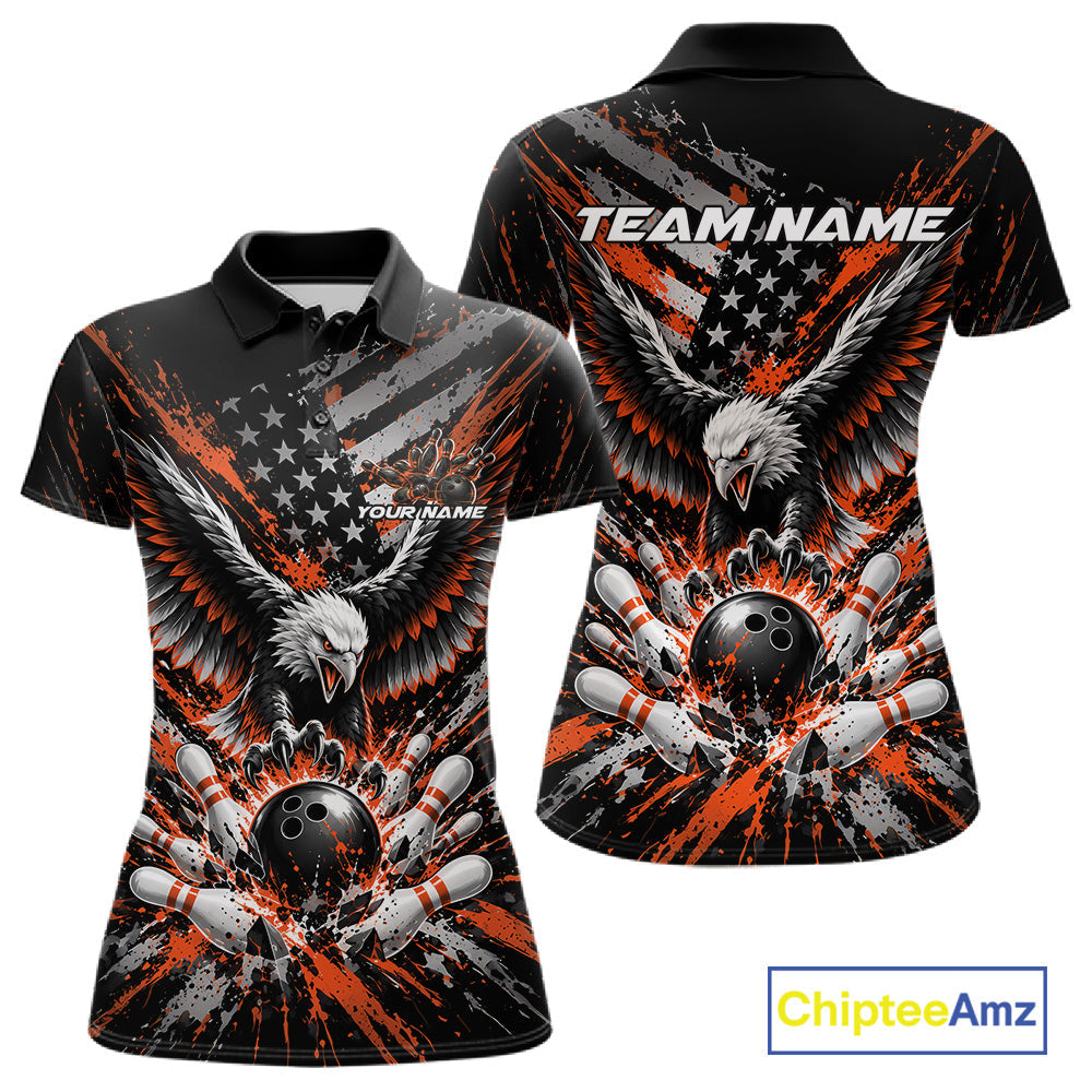 Custom Black And Orange Patriotic Eagle Bowling League Polo Shirt, Team Jersey