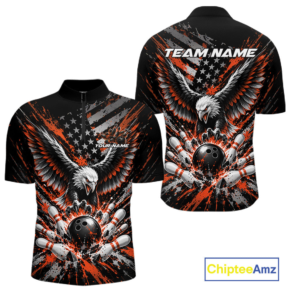 Custom Black And Orange Patriotic Eagle Bowling League Quarter Zip Shirt, Team Jersey