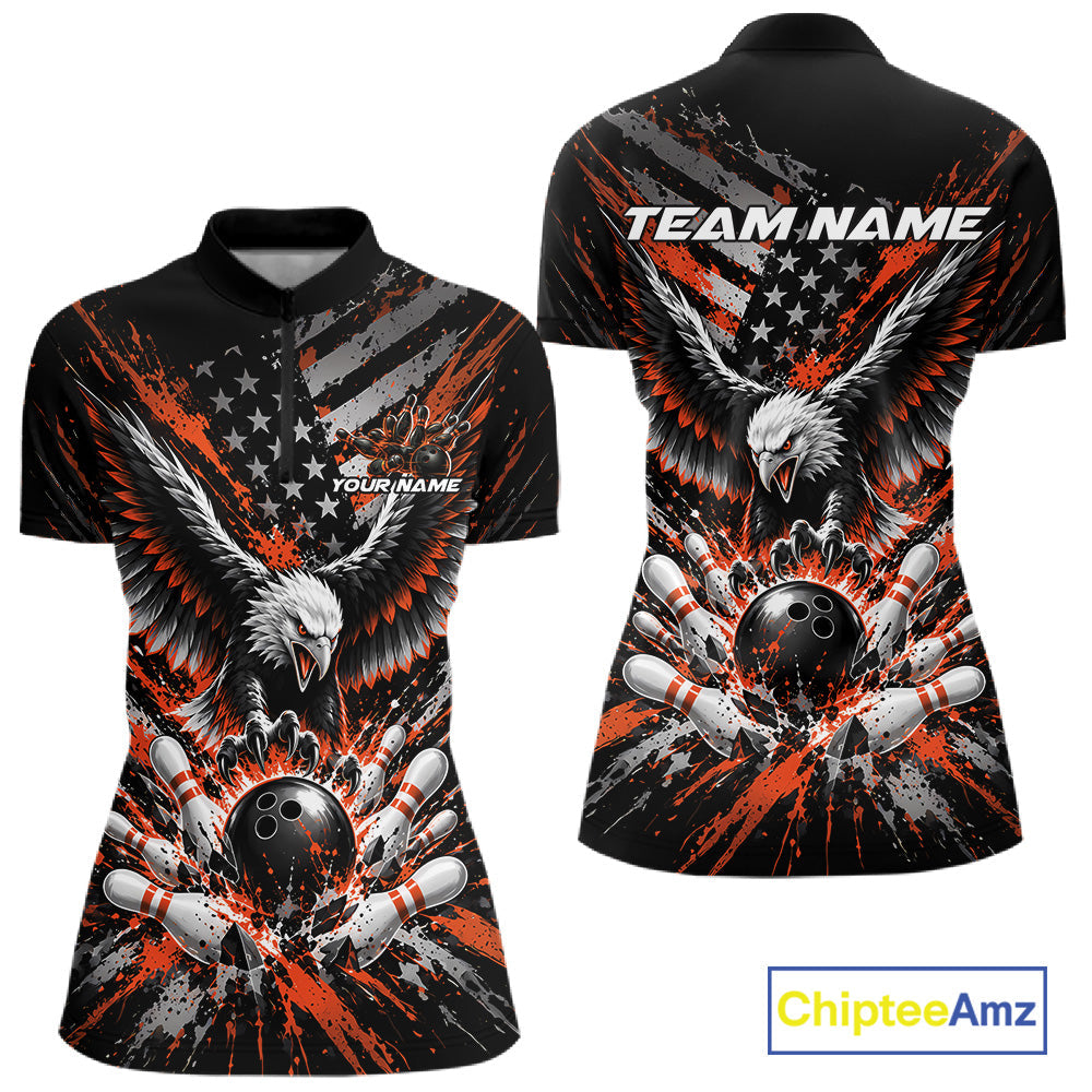 Custom Black And Orange Patriotic Eagle Bowling Quarter-Zip Shirt, Team Jersey