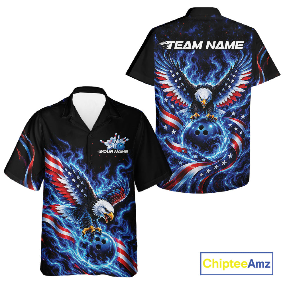 Custom Patriotic Eagle Bowling League Team Shirt, US Flag Bowling And Button Up Shirt