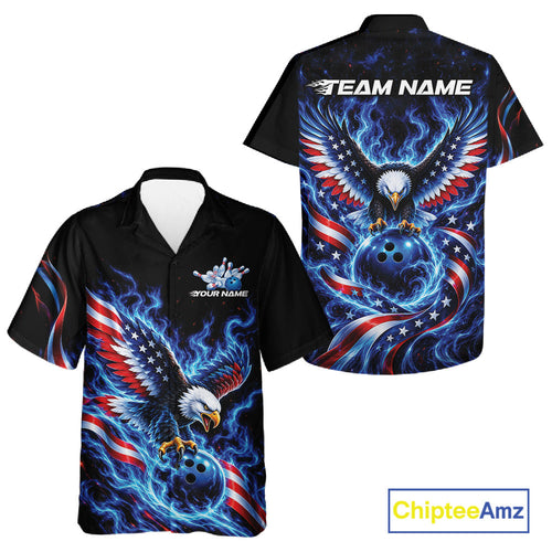 Custom Patriotic Eagle Bowling League Team Shirt, US Flag Bowling And Button Up Shirt