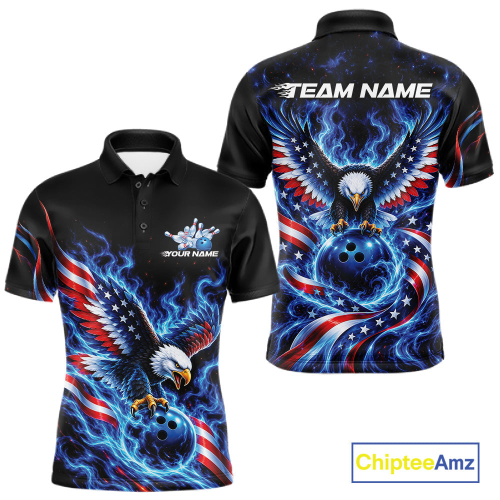 Custom Patriotic Eagle Bowling League Team Shirt, US Flag Bowling Polo Shirt