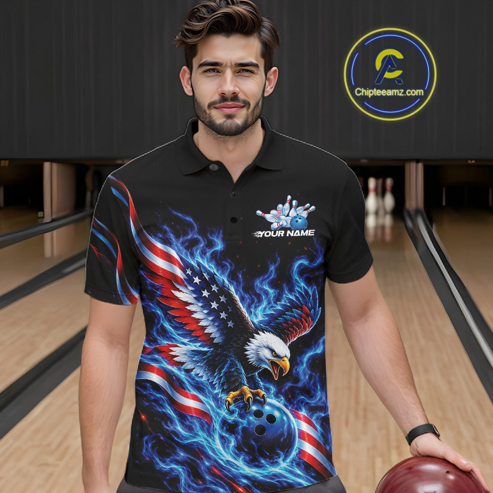 Custom Patriotic Eagle Bowling League Team Shirt, US Flag Bowling Polo Shirt