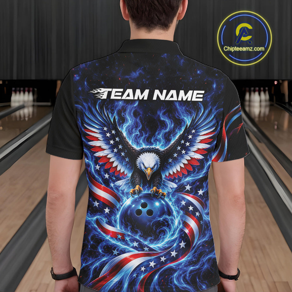 Custom Patriotic Eagle Bowling League Team Shirt, US Flag Bowling Polo Shirt