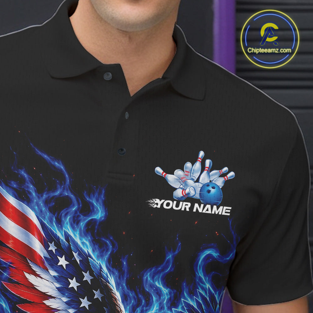 Custom Patriotic Eagle Bowling League Team Shirt, US Flag Bowling Polo Shirt