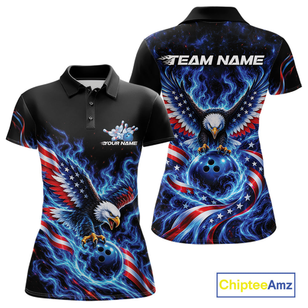 Custom Patriotic Eagle Bowling League Team Shirt, US Flag Bowling Polo Shirt