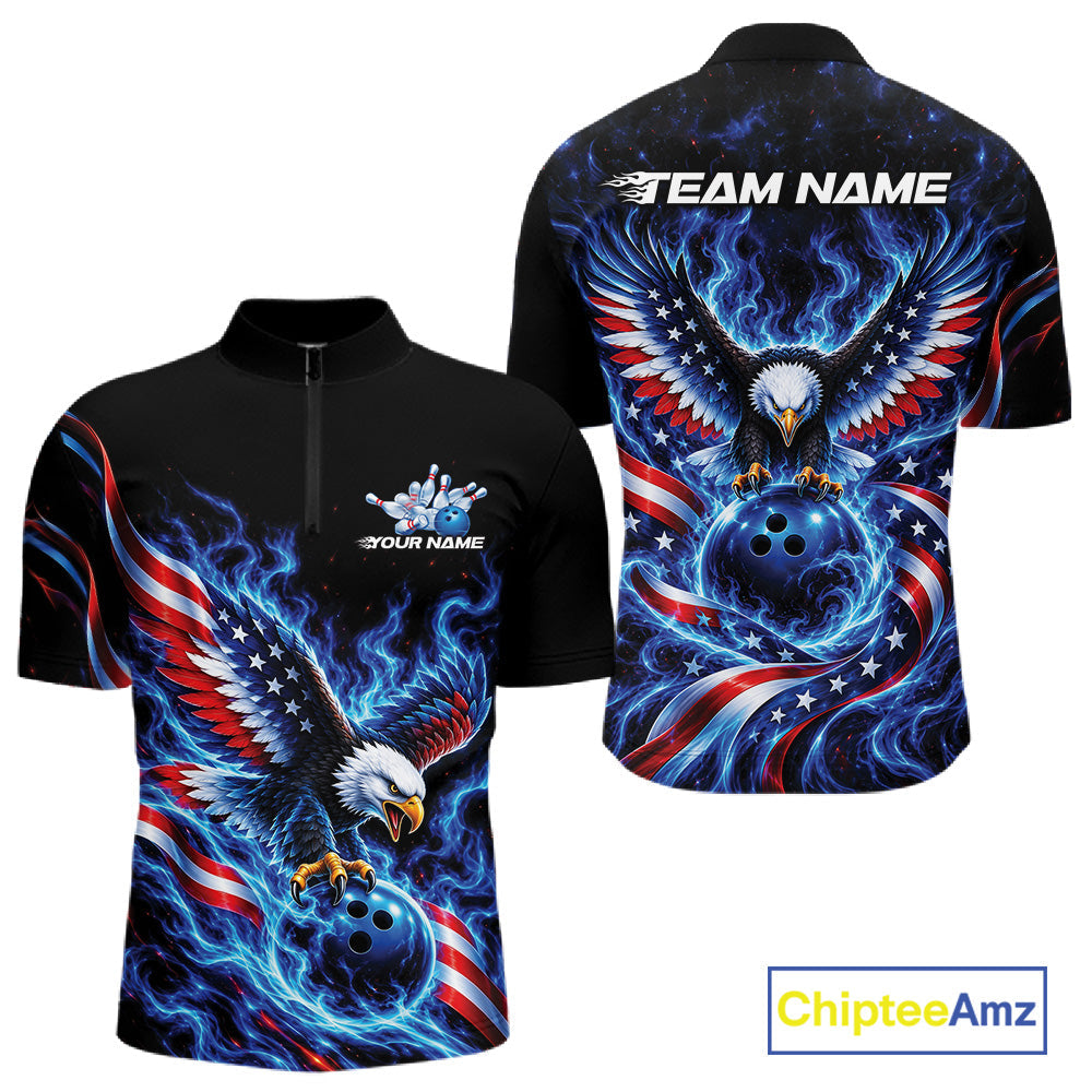 Custom Patriotic Eagle Bowling League Team Shirt, US Flag Bowling Quarter Zip Shirt