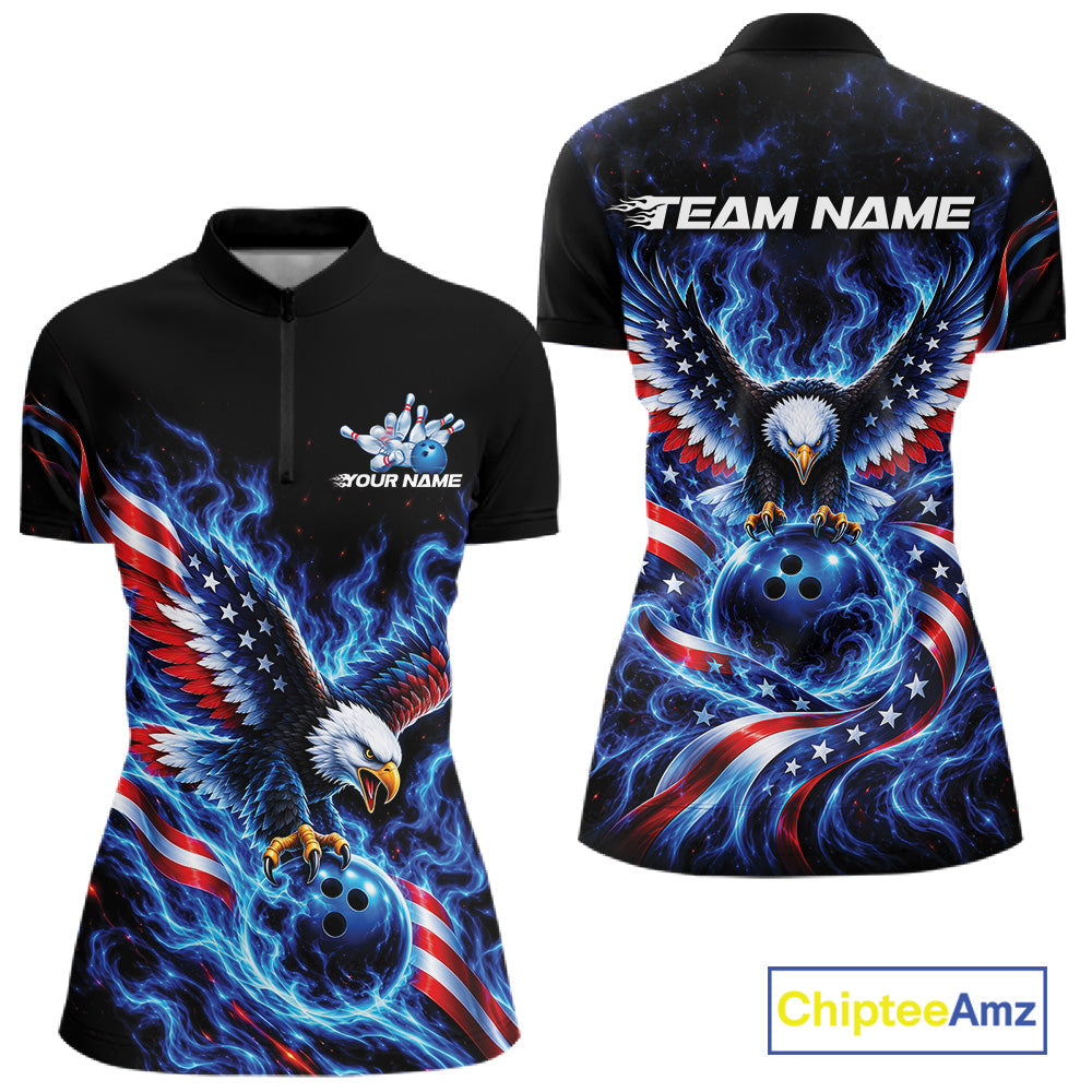 Custom Patriotic Eagle Bowling League Shirt, US Flag Bowling Quarter-Zip Shirt