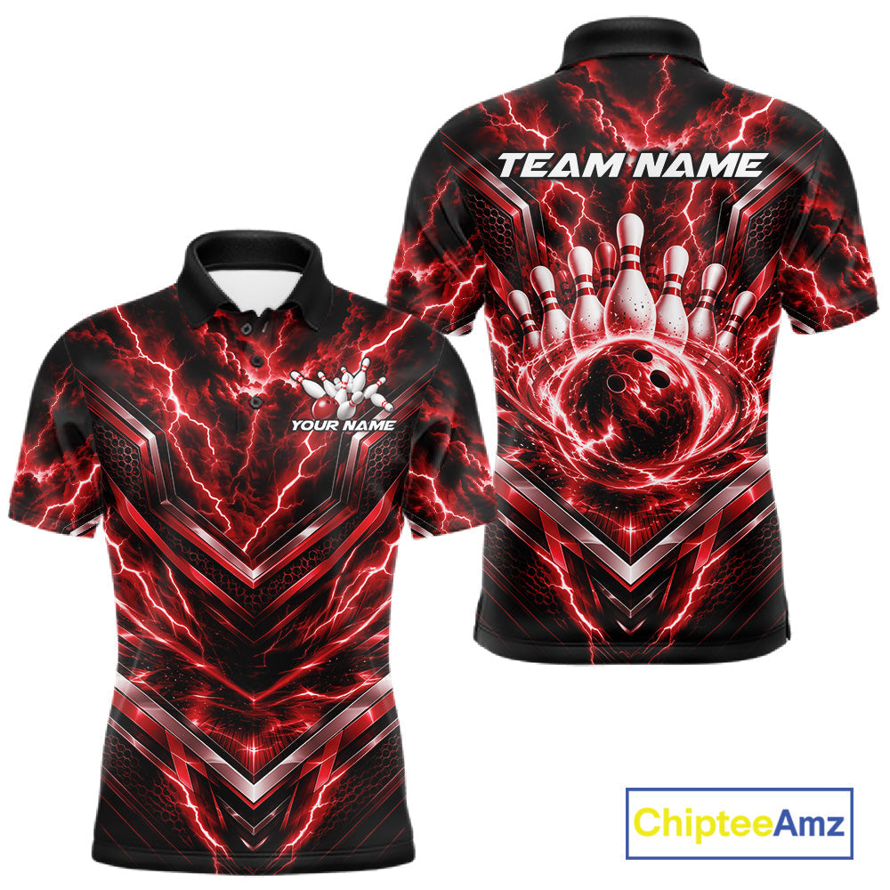 Custom Red Lightning Bowling Team Polo Shirt, Matching Bowling League Shirt