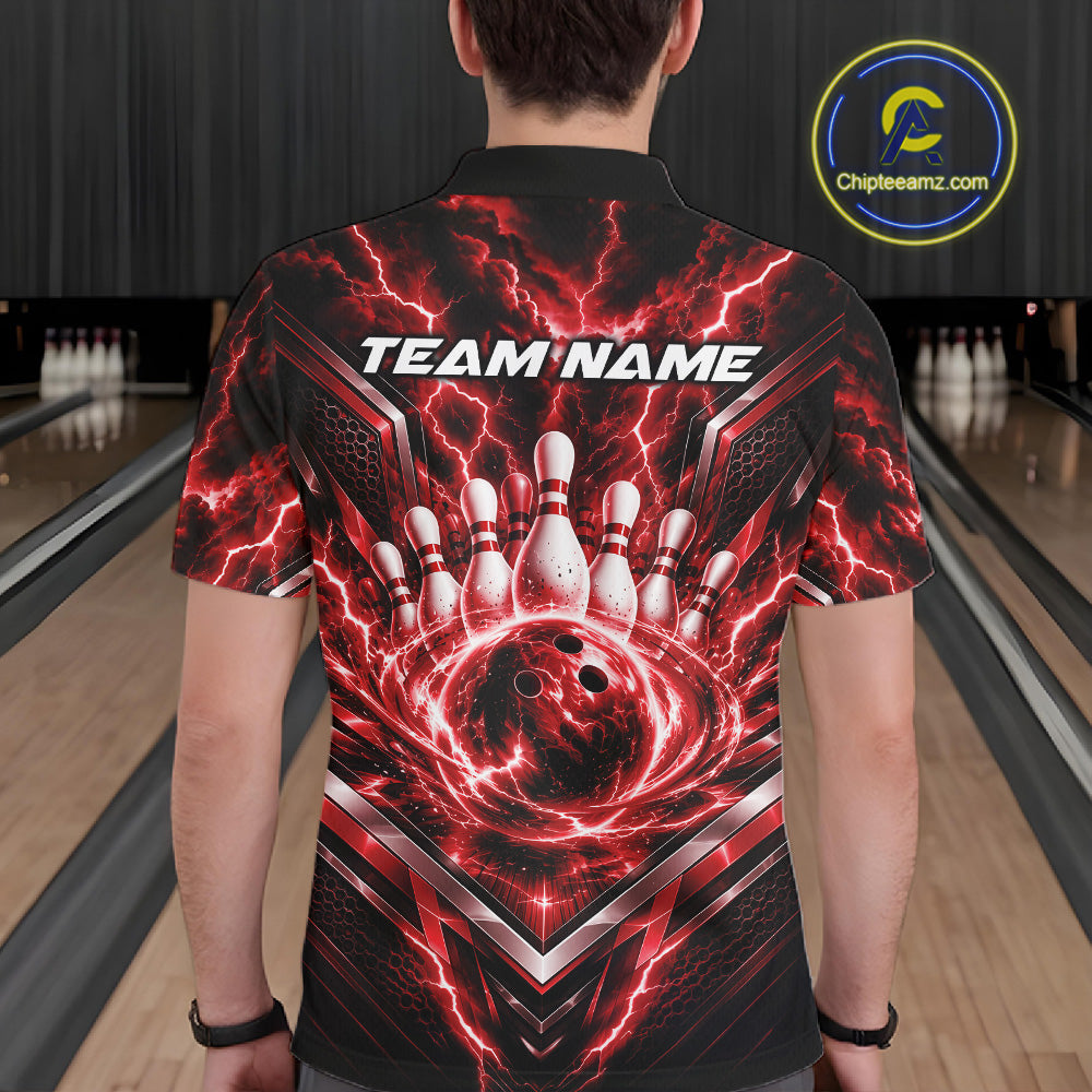 Custom Red Lightning Bowling Team Polo Shirt, Matching Bowling League Shirt
