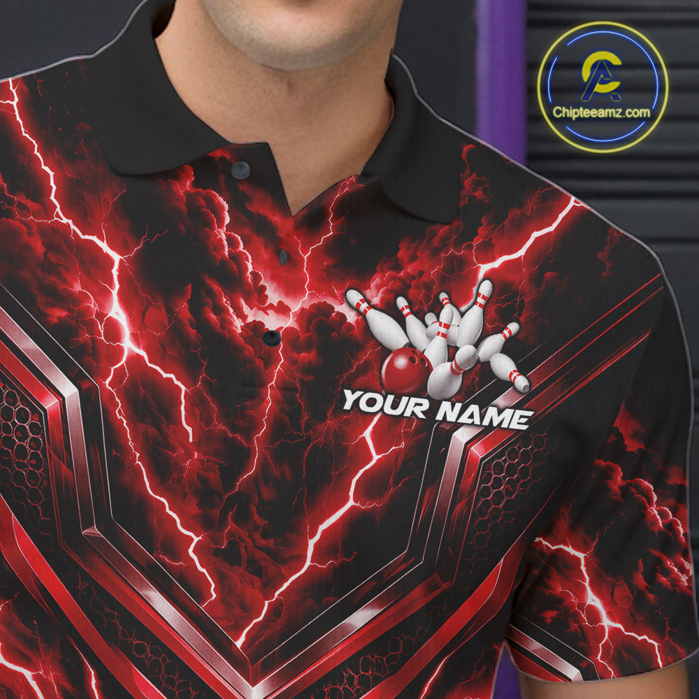 Custom Red Lightning Bowling Team Polo Shirt, Matching Bowling League Shirt