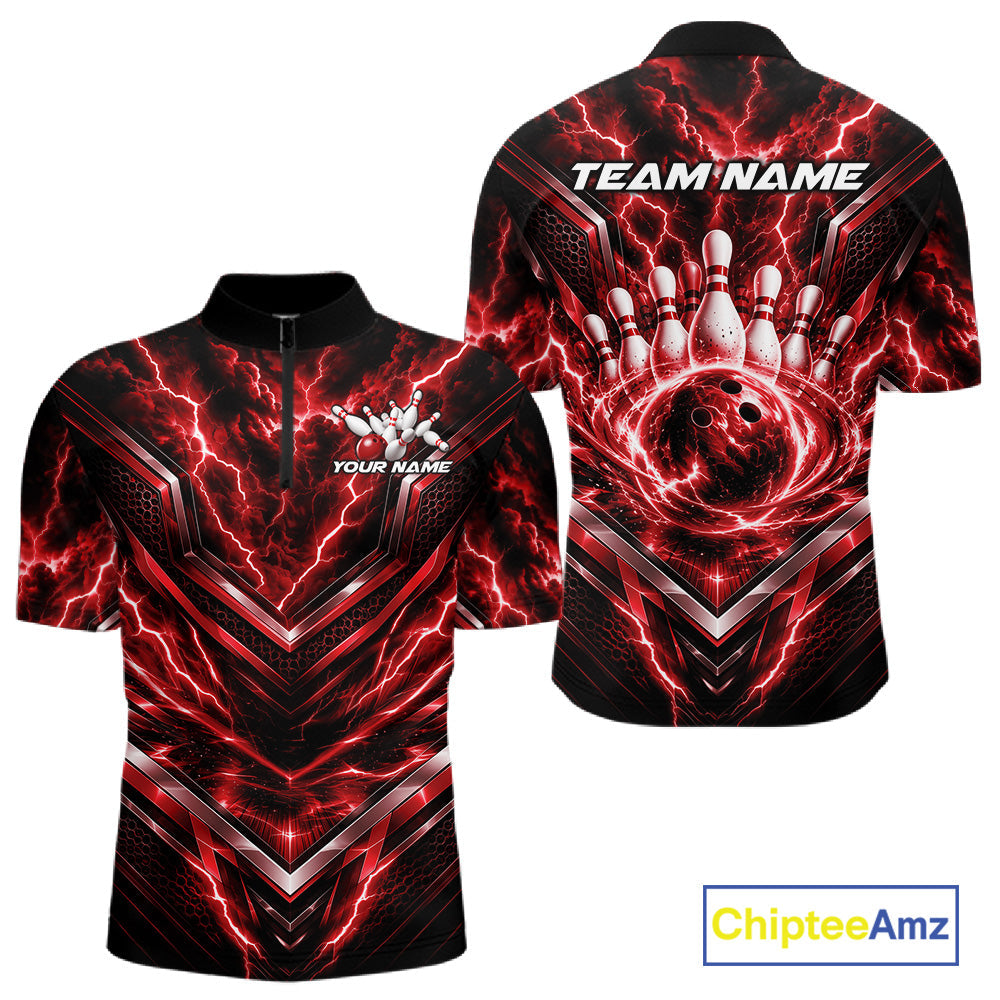 Custom Red Lightning Bowling Team Quarter Zip Shirt, Matching Bowling League Shirt