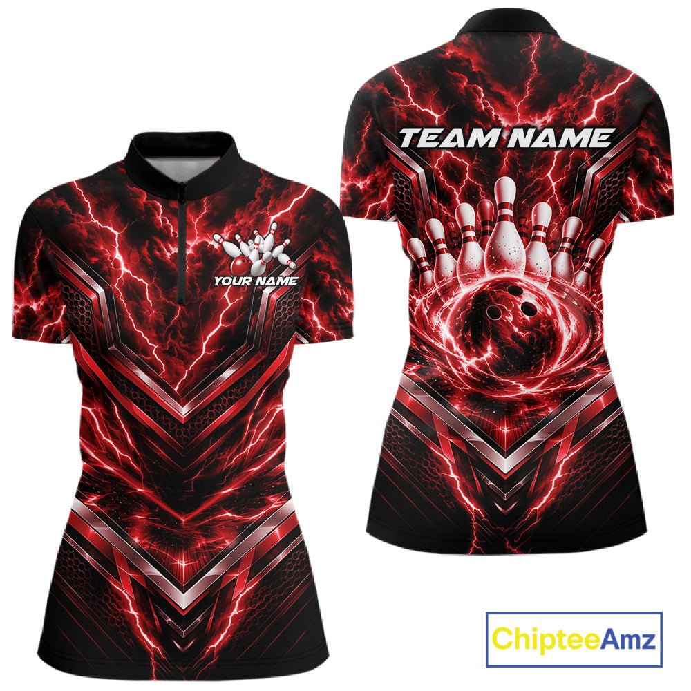 Custom Red Lightning Bowling Team Quarter-Zip Shirt, Matching Bowling League Shirt