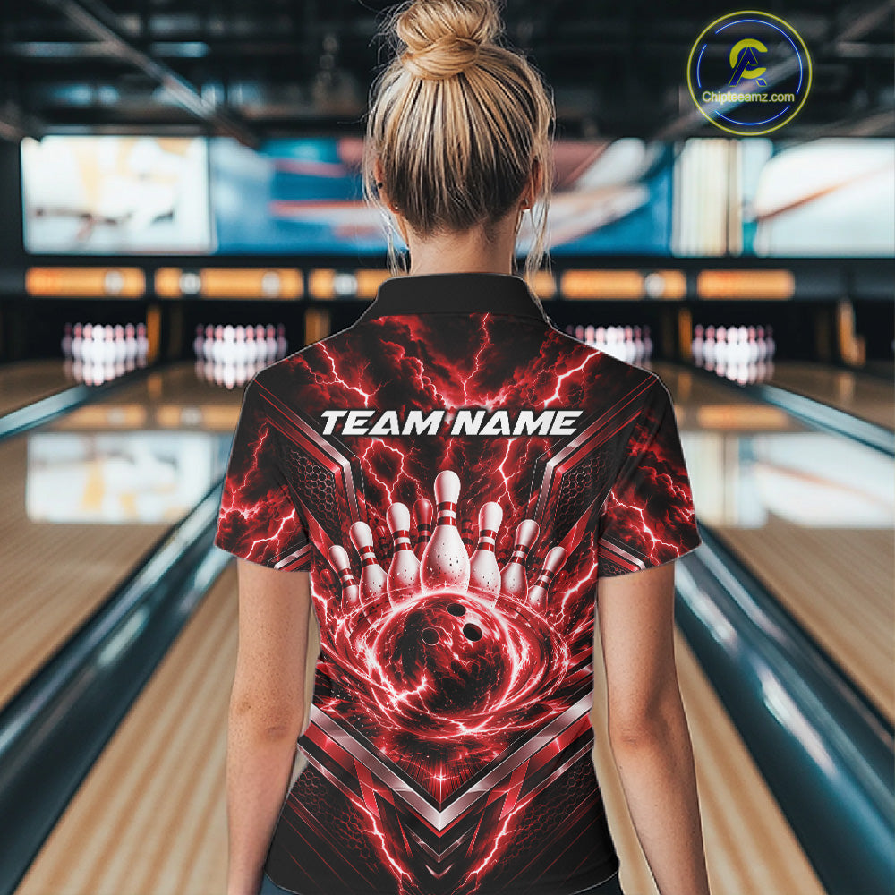 Custom Red Lightning Bowling Team Quarter-Zip Shirt, Matching Bowling League Shirt