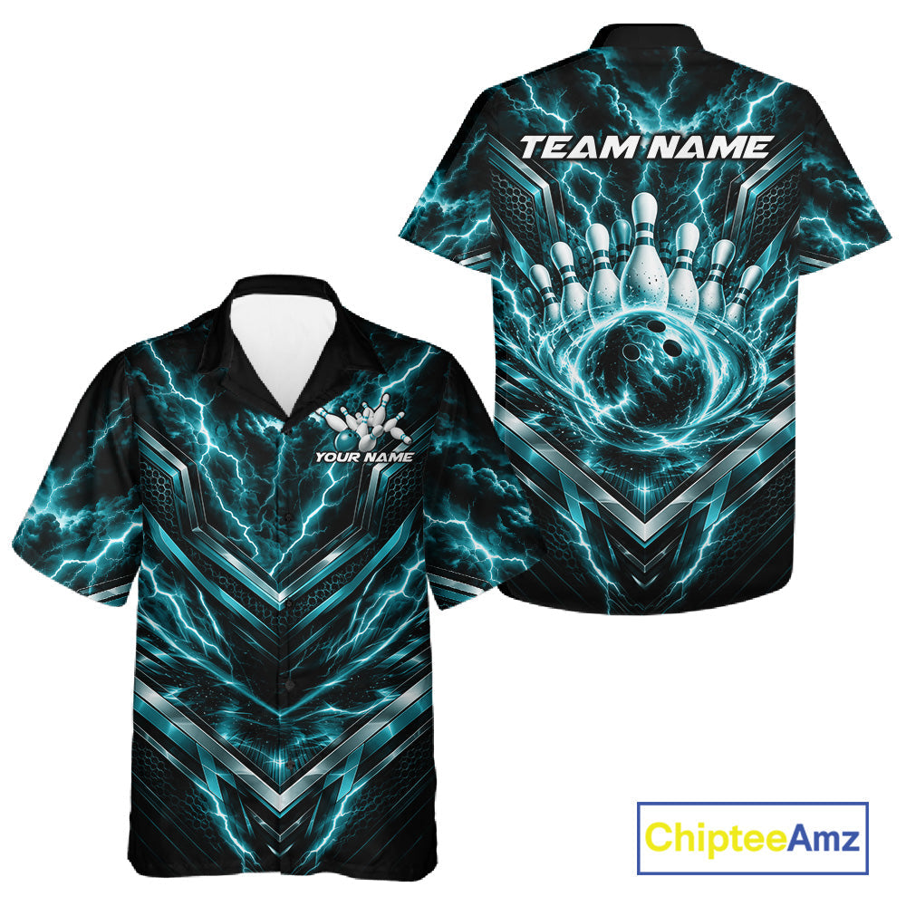 Custom Turquoise Blue Lightning Bowling And Button Up Shirt, Matching Bowling League Shirt