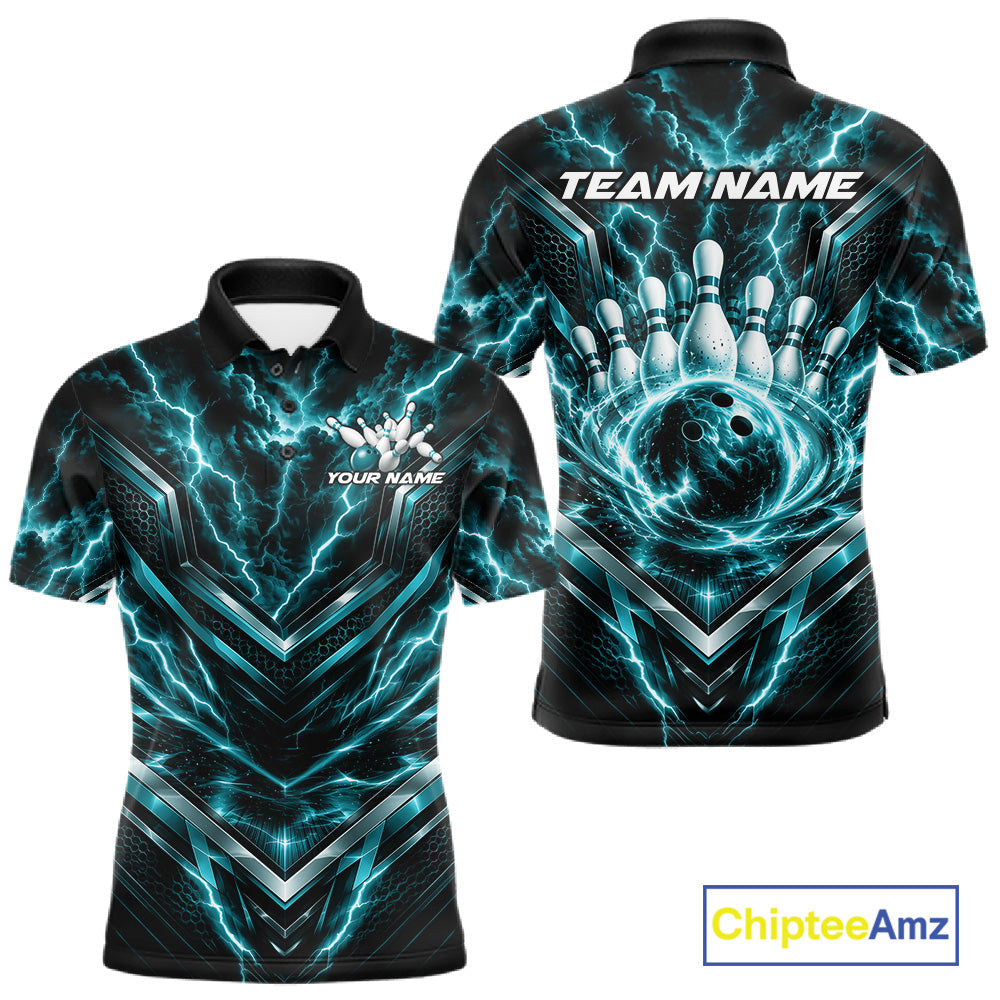 Custom Turquoise Blue Lightning Bowling Polo Shirt, Matching Bowling League Shirt