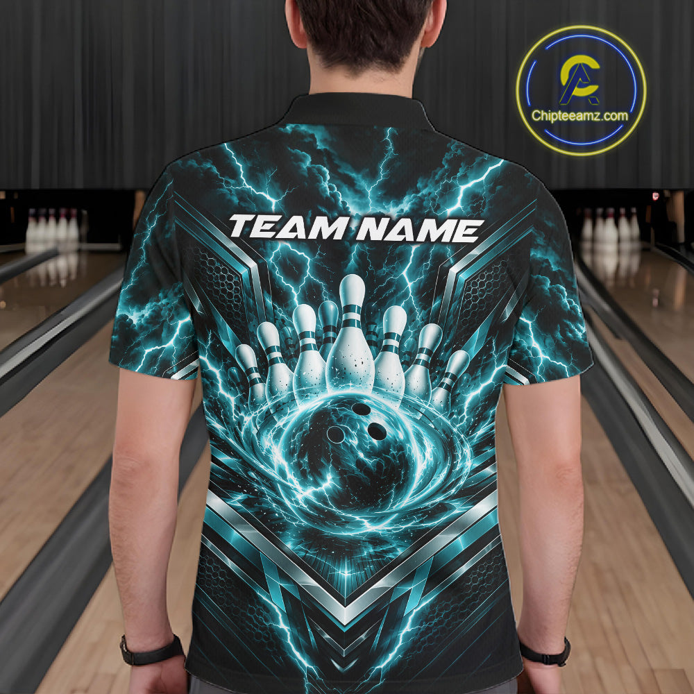 Custom Turquoise Blue Lightning Bowling Polo Shirt, Matching Bowling League Shirt