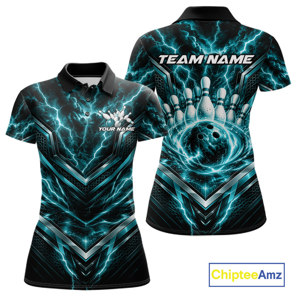 Custom Turquoise Blue Lightning Bowling Polo Shirt, Matching Bowling League Shirt