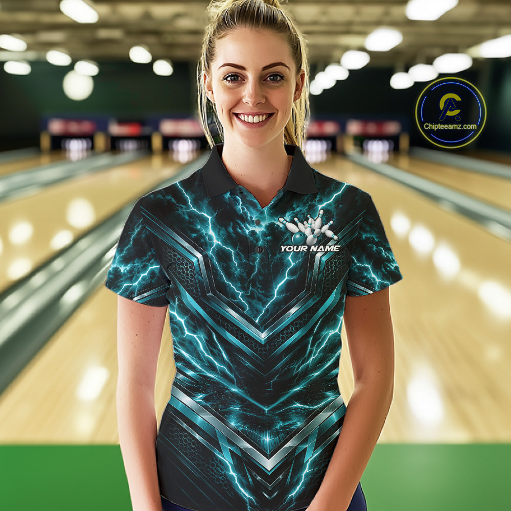 Custom Turquoise Blue Lightning Bowling Polo Shirt, Matching Bowling League Shirt