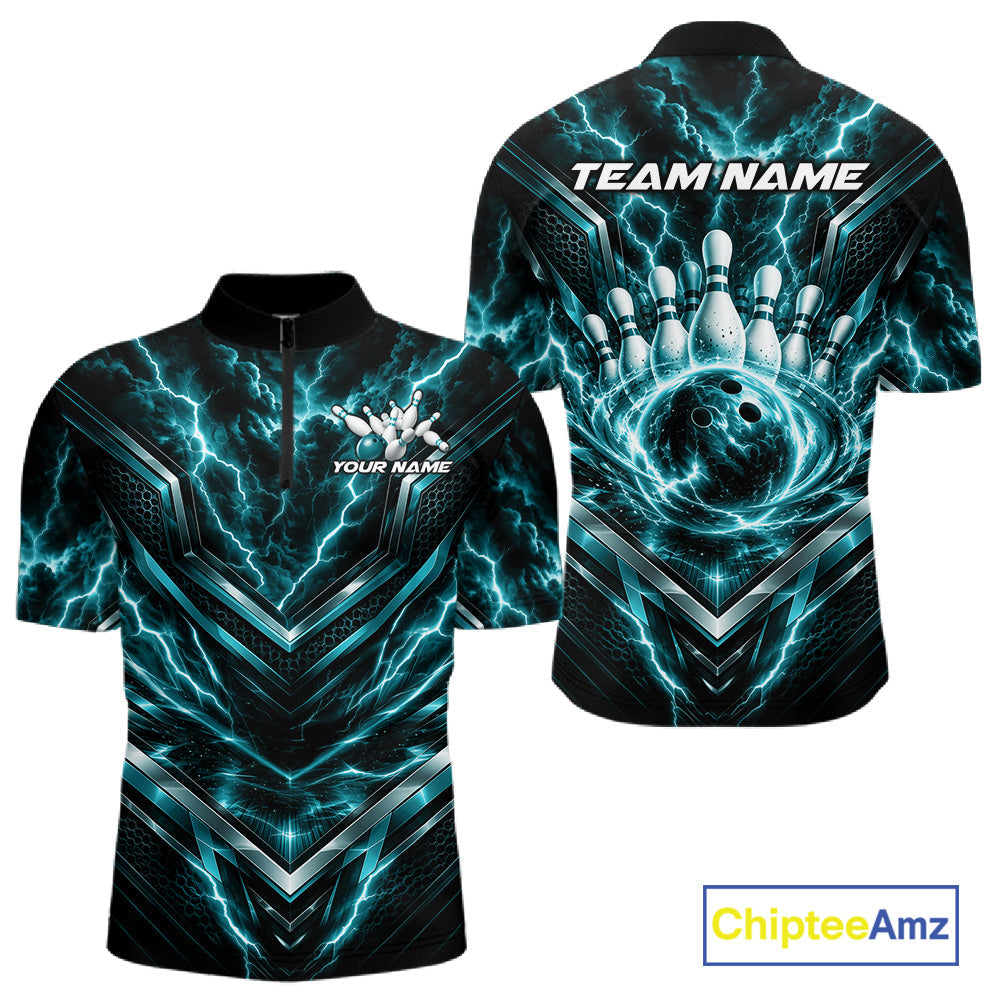 Custom Turquoise Blue Lightning Bowling Quarter Zip Shirt, Matching Bowling League Shirt