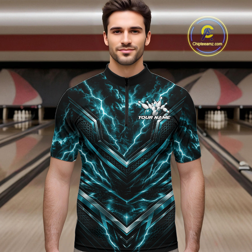Custom Turquoise Blue Lightning Bowling Quarter Zip Shirt, Matching Bowling League Shirt