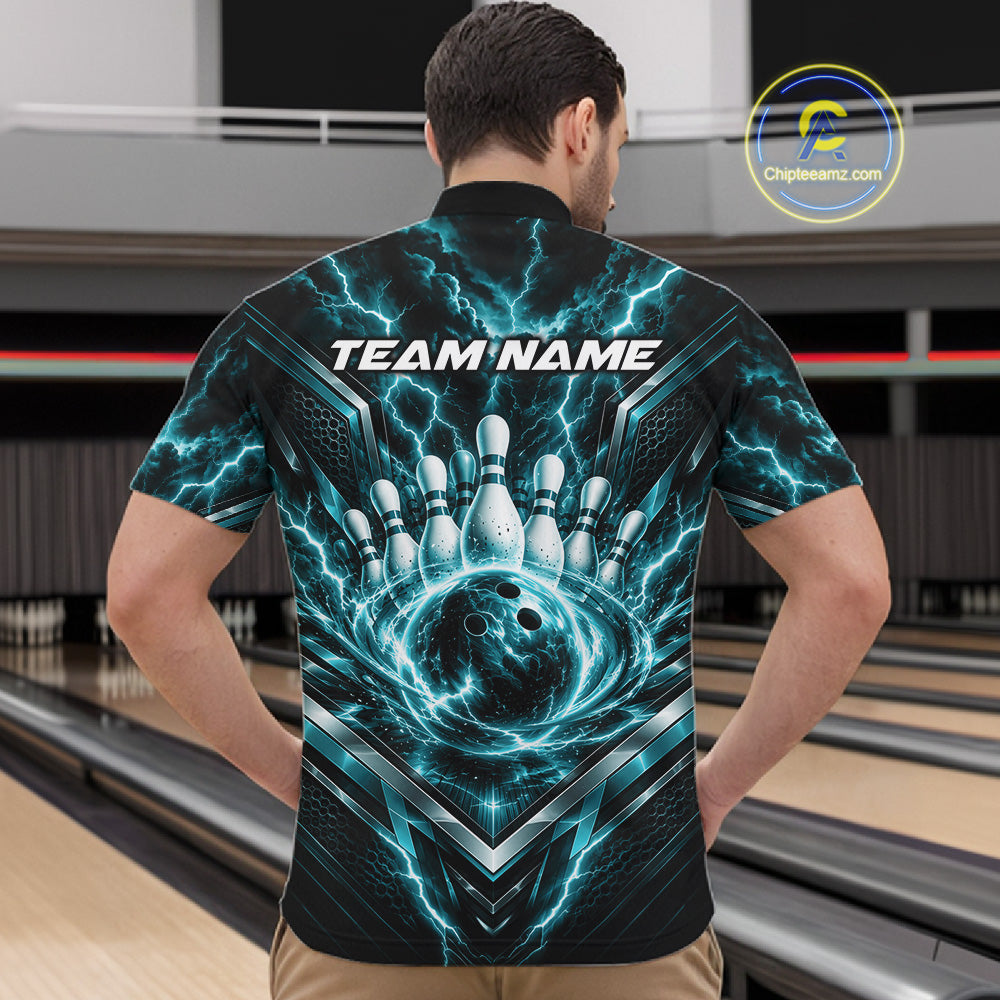 Custom Turquoise Blue Lightning Bowling Quarter Zip Shirt, Matching Bowling League Shirt