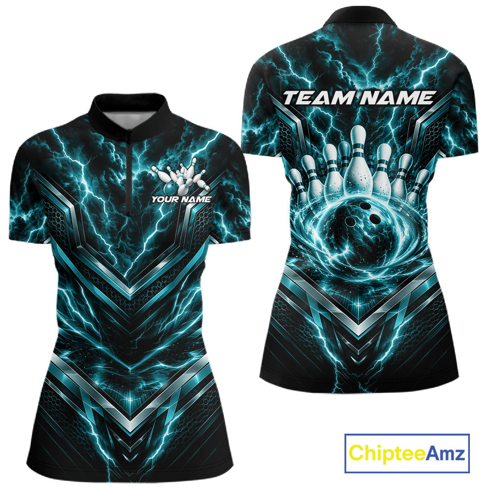 Custom Turquoise Blue Lightning Bowling Quarter-Zip Shirt, Bowling League Shirt
