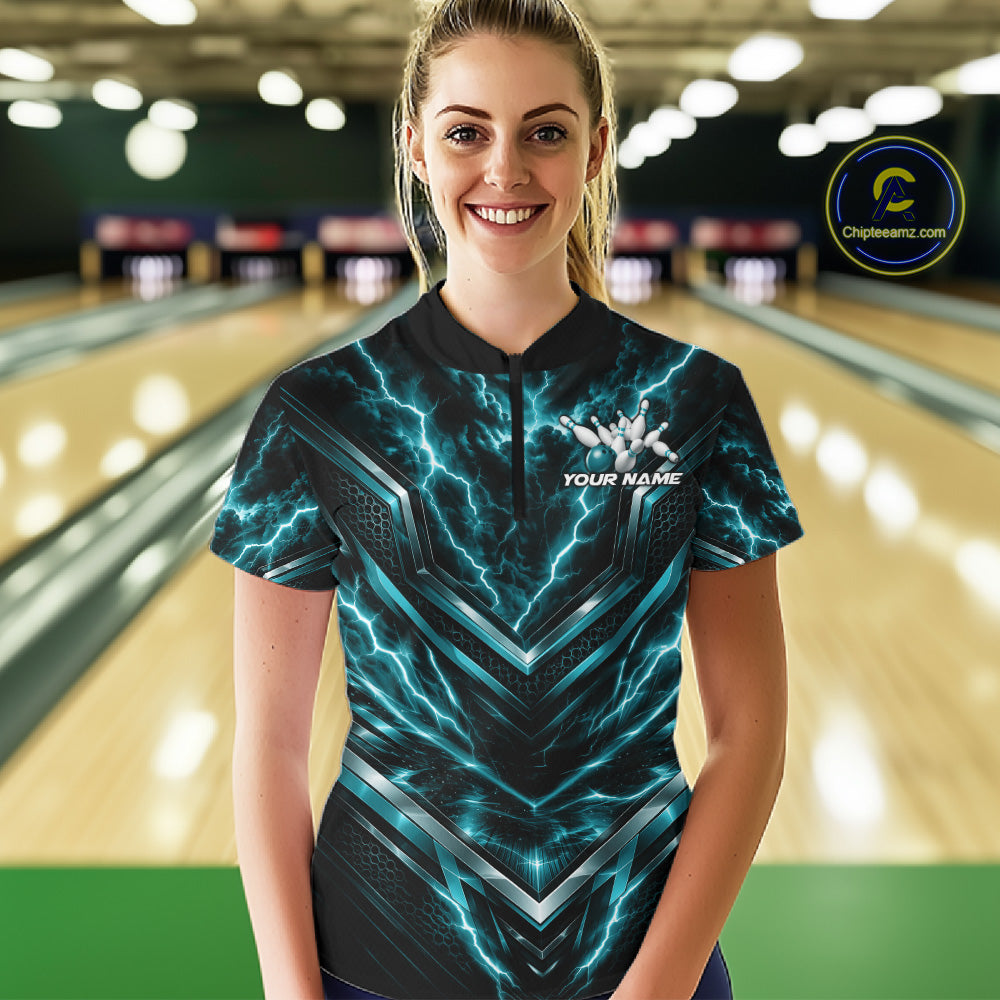 Custom Turquoise Blue Lightning Bowling Quarter-Zip Shirt, Bowling League Shirt