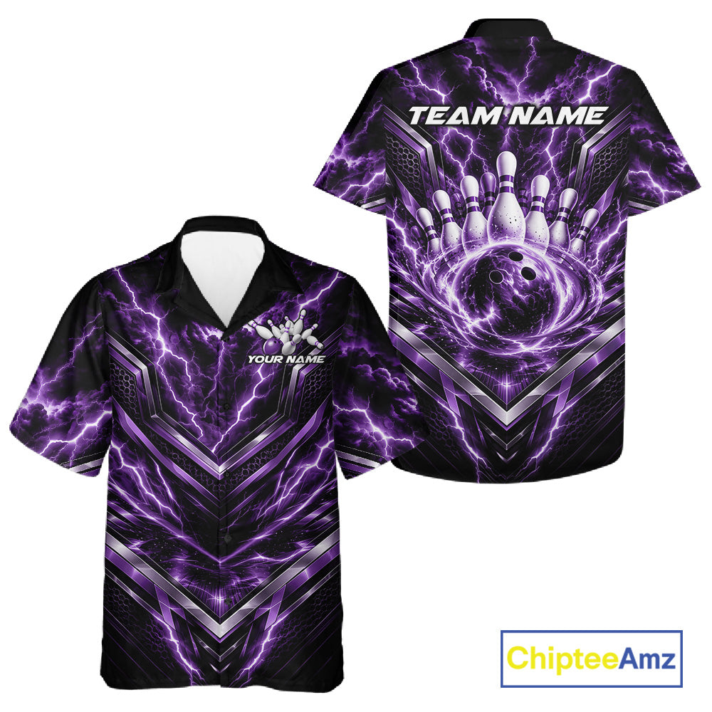 Custom Purple Lightning Bowling Team And Button Up Shirt, Matching Bowling League Shirt