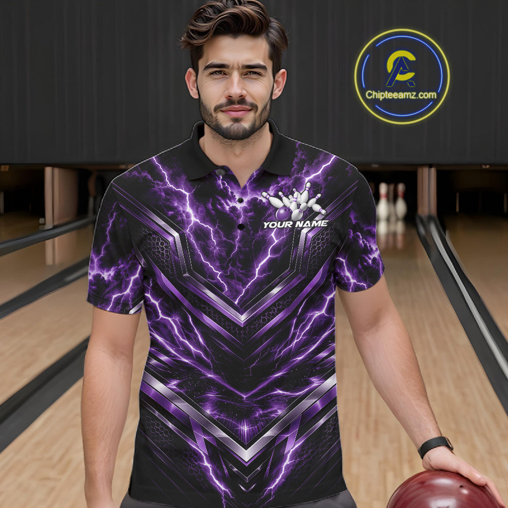 Custom Purple Lightning Bowling Team Polo Shirt, Matching Bowling League Shirt