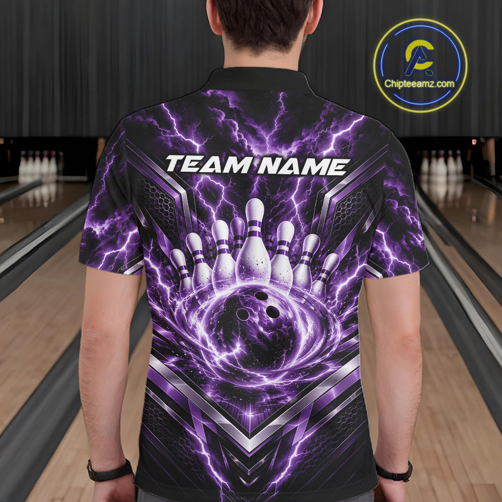 Custom Purple Lightning Bowling Team Polo Shirt, Matching Bowling League Shirt