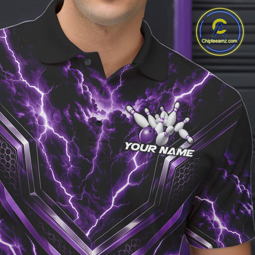 Custom Purple Lightning Bowling Team Polo Shirt, Matching Bowling League Shirt