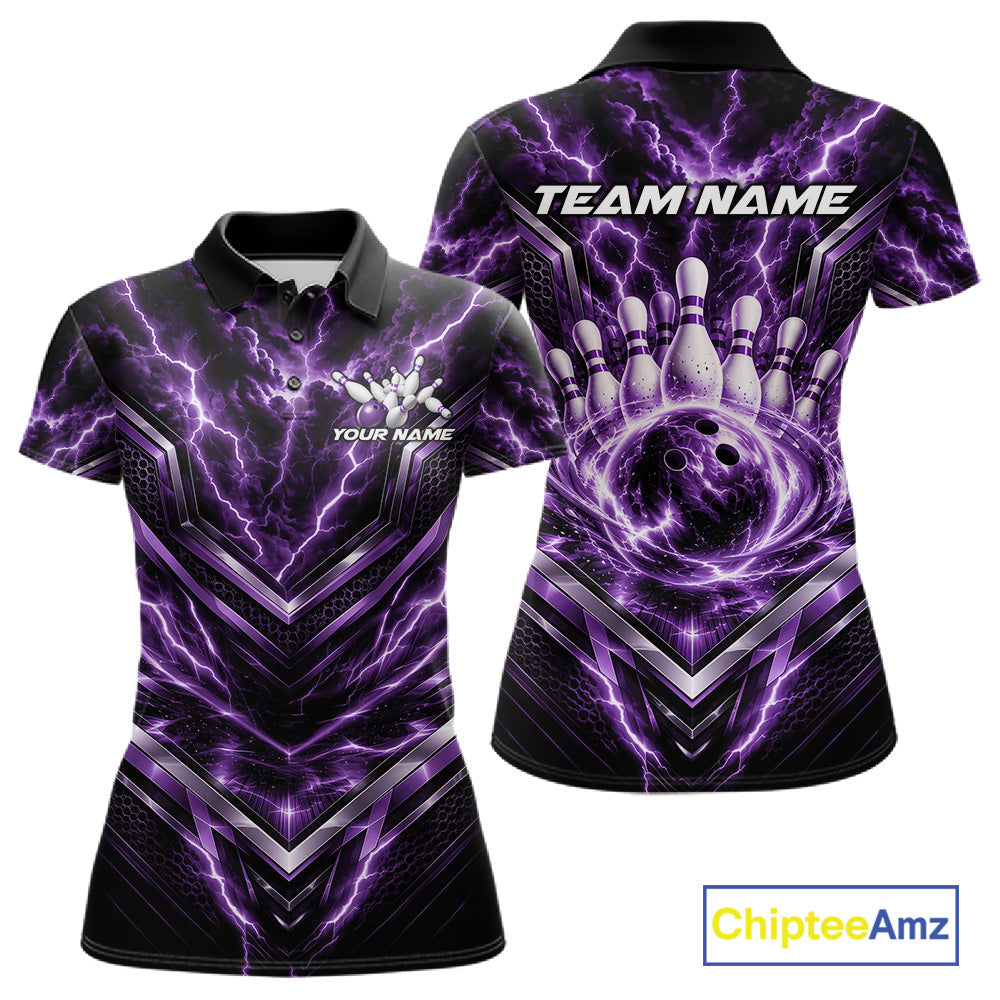 Custom Purple Lightning Bowling Team Polo Shirt, Matching Bowling League Shirt