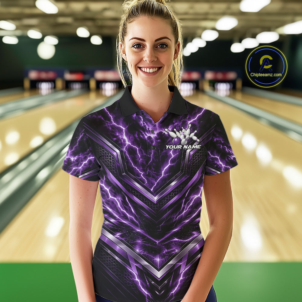 Custom Purple Lightning Bowling Team Polo Shirt, Matching Bowling League Shirt