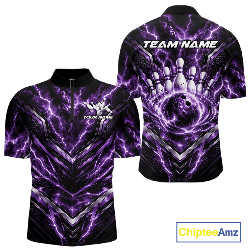 Custom Purple Lightning Bowling Team Quarter Zip Shirt, Matching Bowling League Shirt