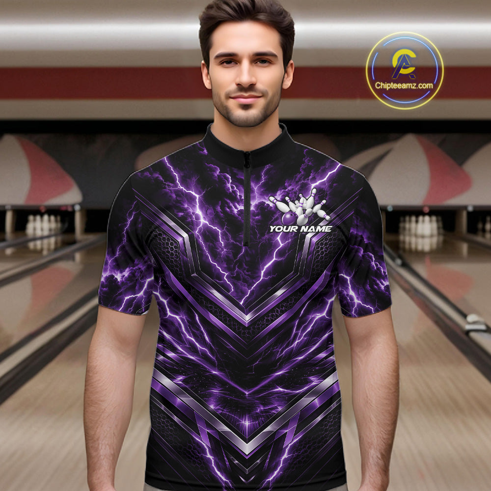 Custom Purple Lightning Bowling Team Quarter Zip Shirt, Matching Bowling League Shirt