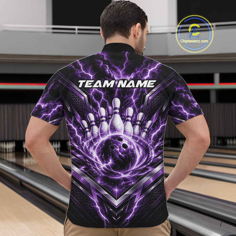 Custom Purple Lightning Bowling Team Quarter Zip Shirt, Matching Bowling League Shirt