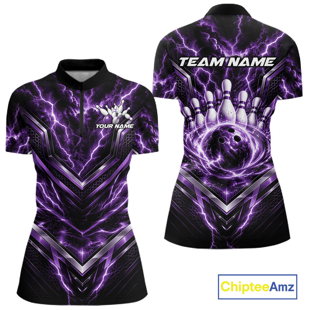 Custom Purple Lightning Bowling Team Quarter-Zip Shirt, Bowling League Shirt