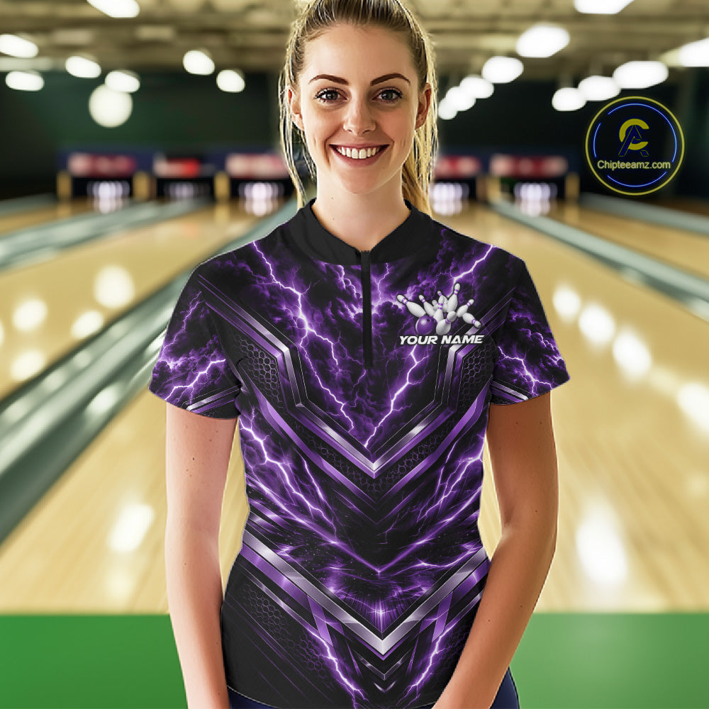 Custom Purple Lightning Bowling Team Quarter-Zip Shirt, Bowling League Shirt