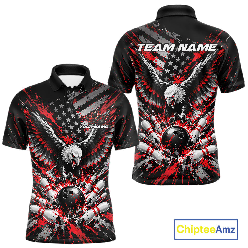 Custom Black And Red Patriotic Eagle Bowling League Polo Shirt, Team Jersey