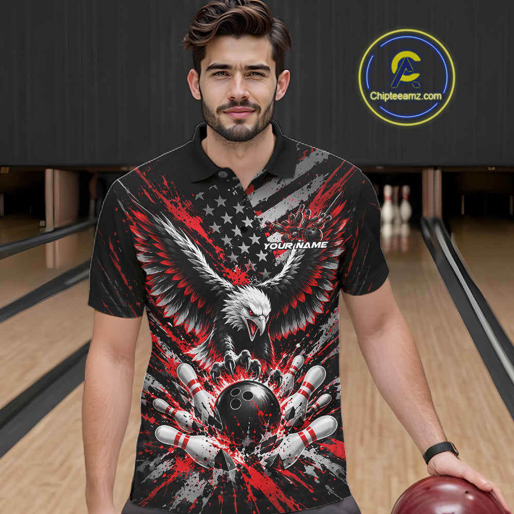 Custom Black And Red Patriotic Eagle Bowling League Polo Shirt, Team Jersey