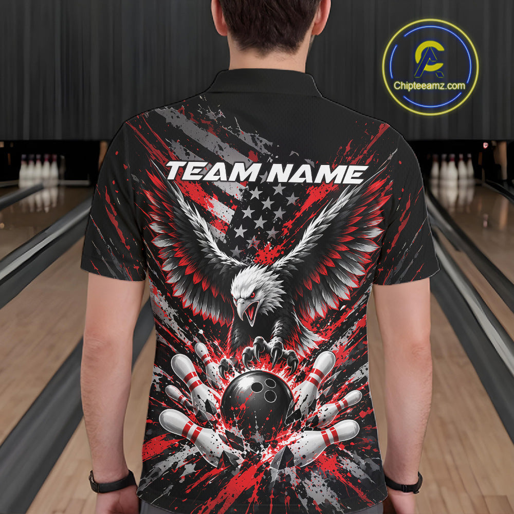 Custom Black And Red Patriotic Eagle Bowling League Polo Shirt, Team Jersey
